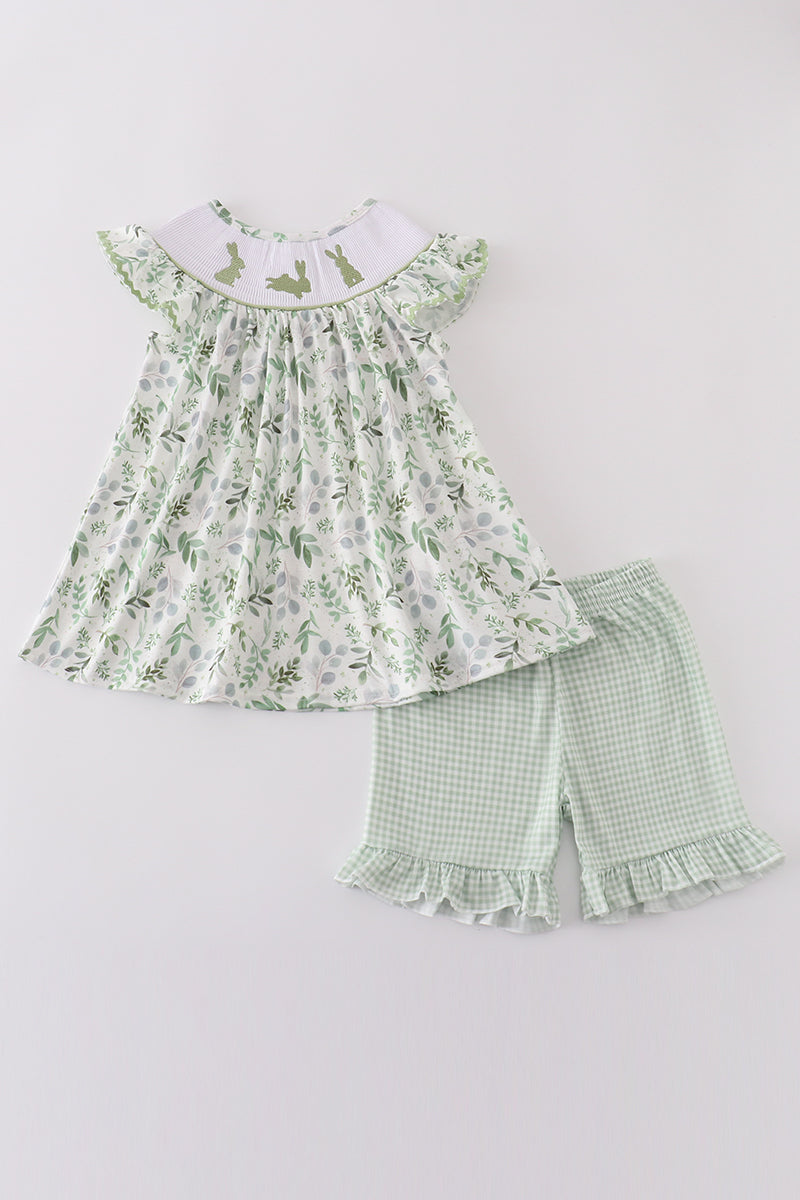 Sage green smocked set with bunny embroidery, perfect for springtime adventures.