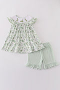 Sage green smocked set with bunny embroidery, perfect for springtime adventures.