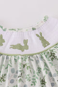 Sage green smocked set with bunny embroidery, perfect for springtime adventures.