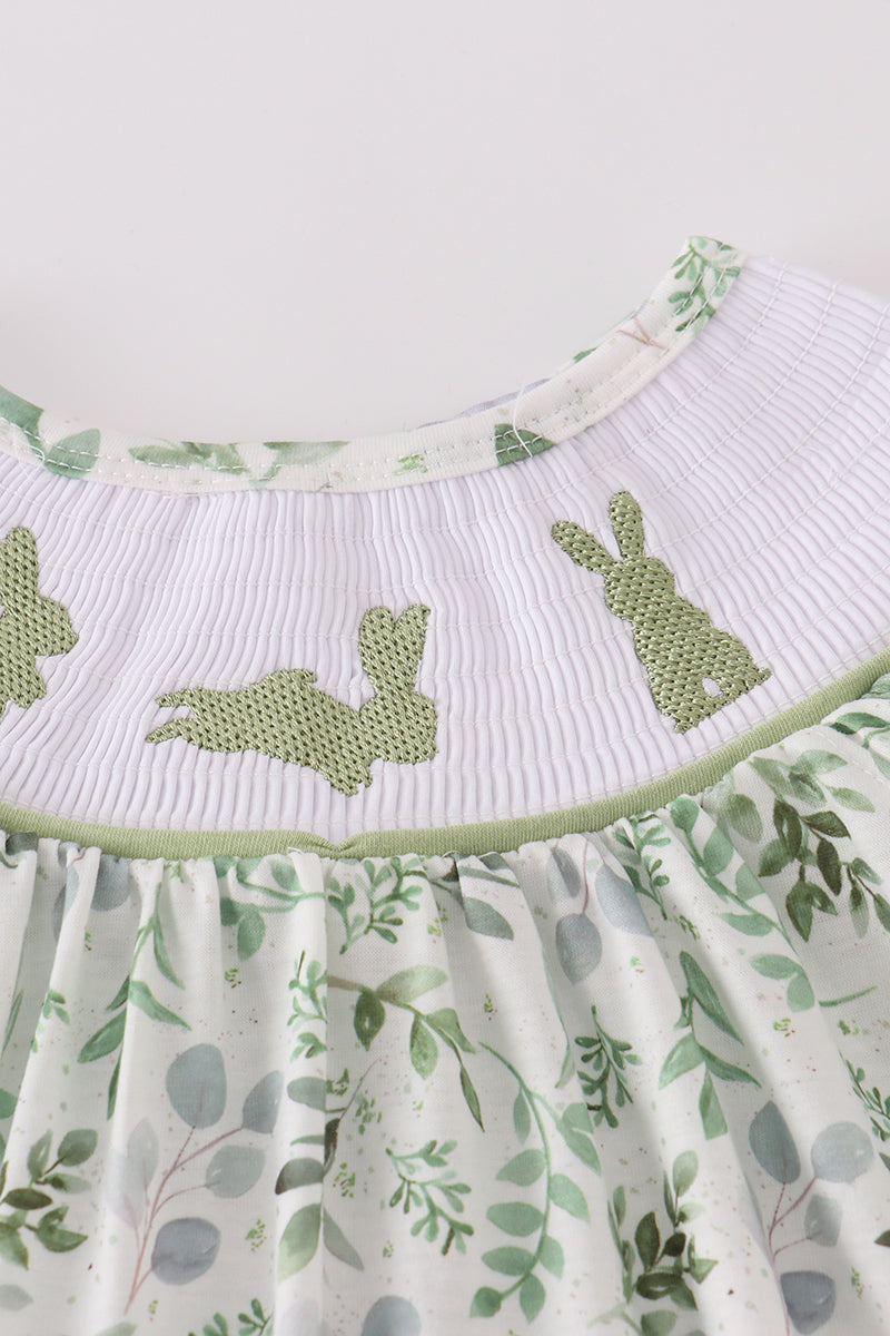 Sage green smocked set with bunny embroidery, perfect for springtime adventures.