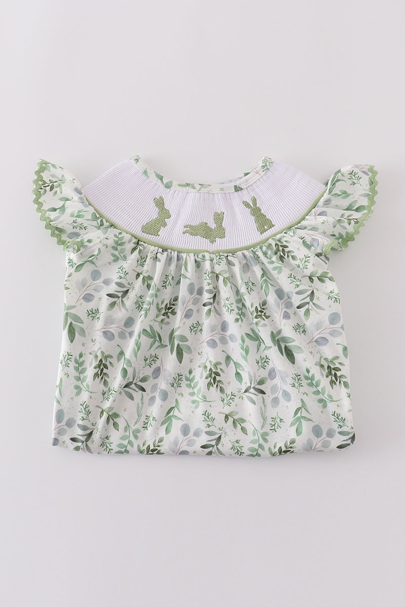 Sage green smocked set with bunny embroidery, perfect for springtime adventures.
