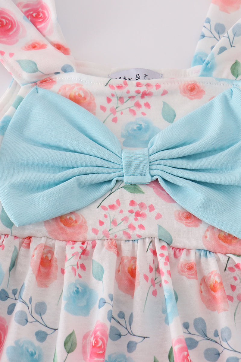 Blue floral print bow bloomer set with ruffled sleeves, perfect for springtime play.
