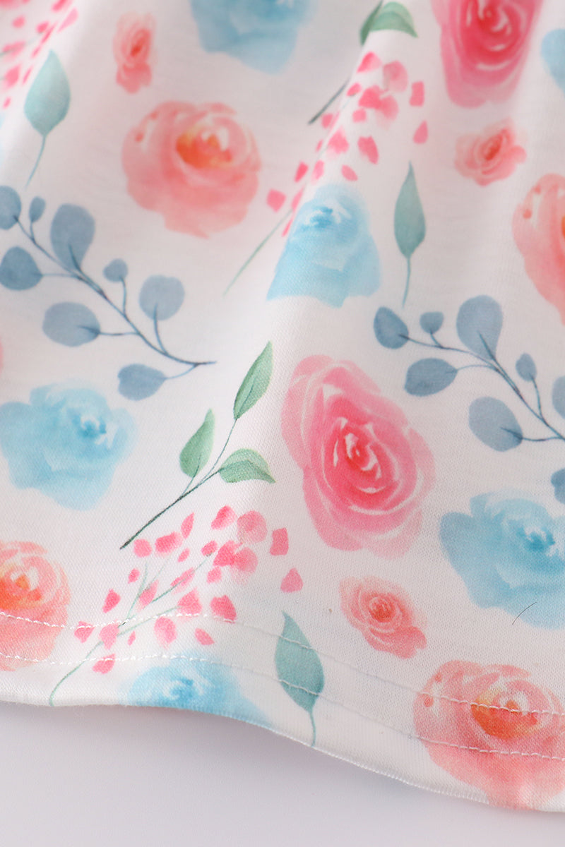 Blue floral print bow bloomer set with ruffled sleeves, perfect for springtime play.