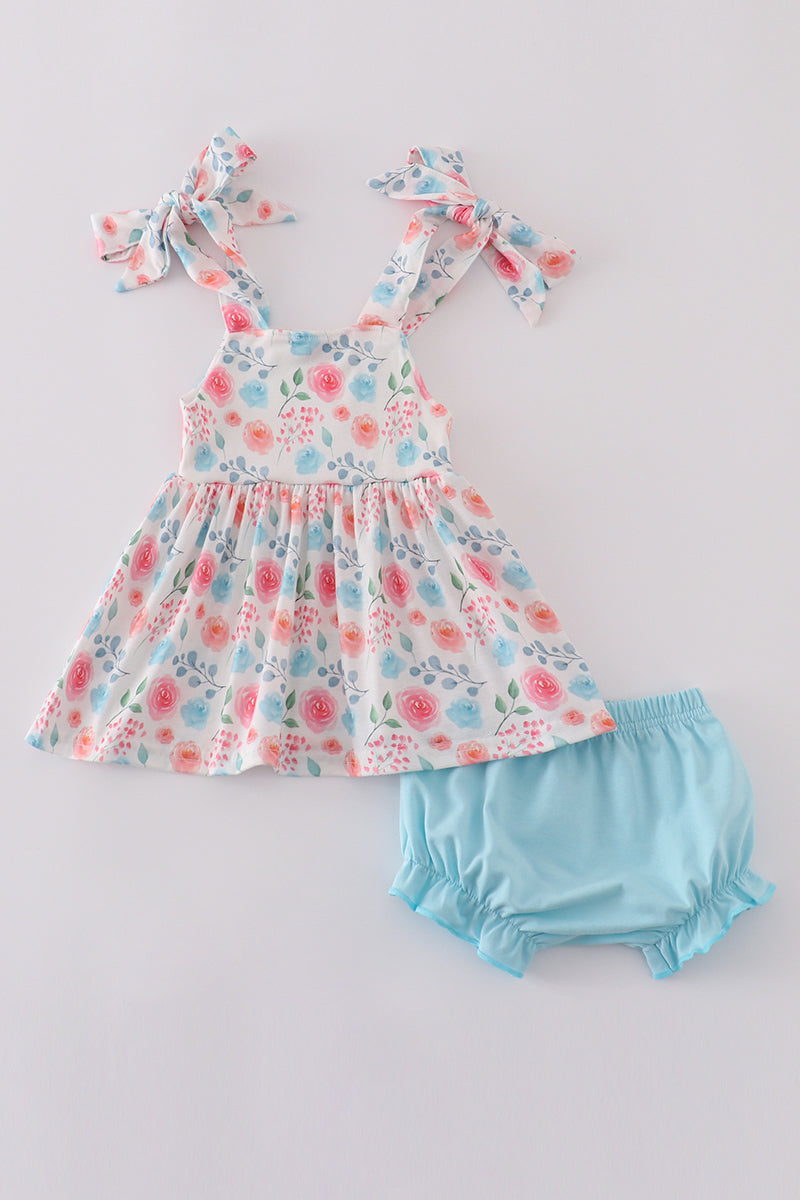 Blue floral print bow bloomer set with ruffled sleeves, perfect for springtime play.