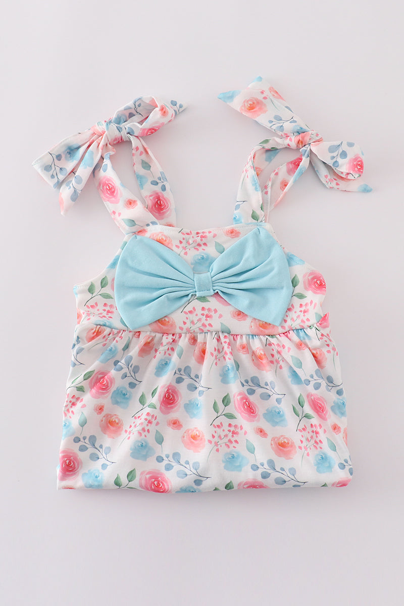 Blue floral print bow bloomer set with ruffled sleeves, perfect for springtime play.