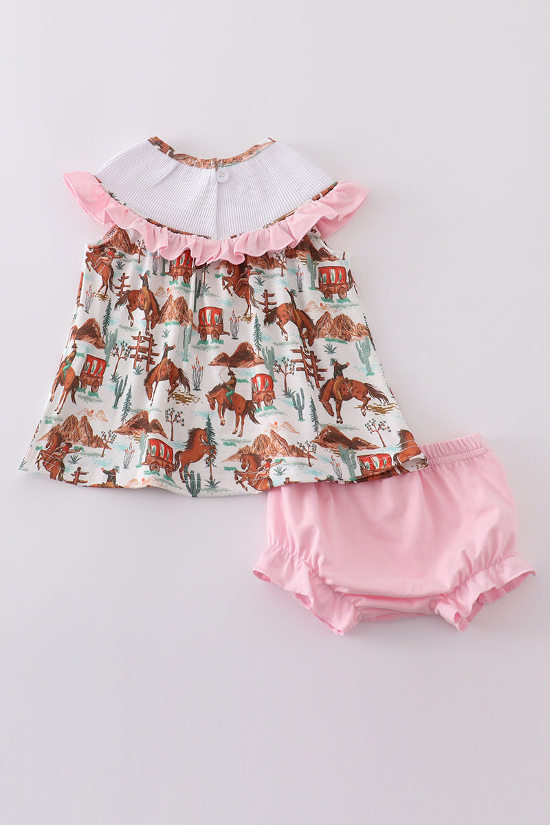 Pink smocked bloomer set with western cowboy embroidery, perfect for playful adventures.