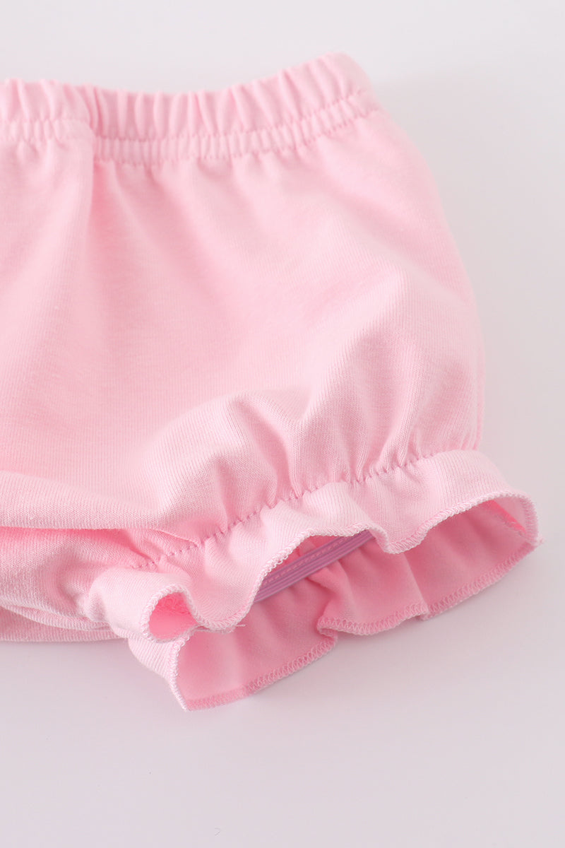 Pink smocked bloomer set with western cowboy embroidery, perfect for playful adventures.