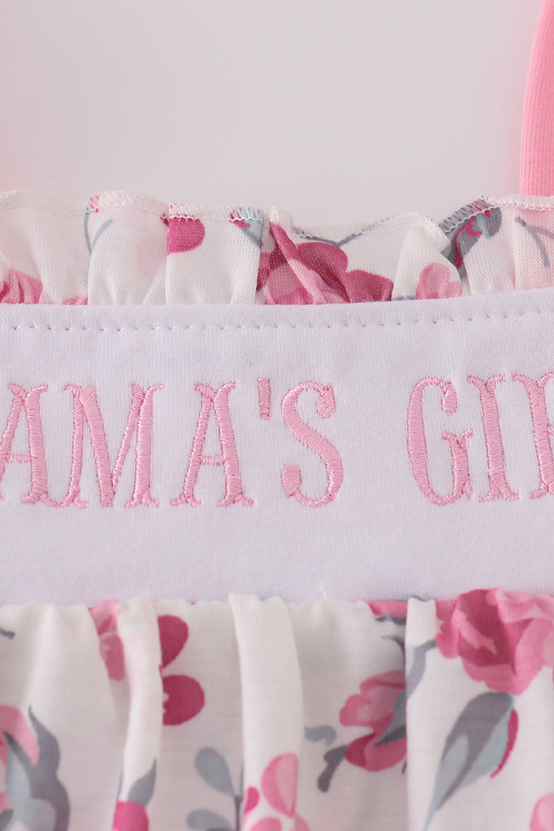 Pink floral dress with "MAMA'S" embroidery, perfect for playful spring outings.