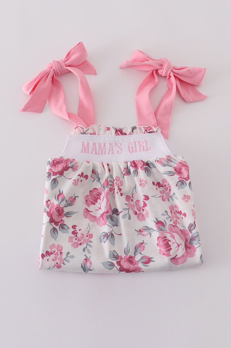 Pink floral dress with "MAMA'S" embroidery, perfect for playful spring outings.
