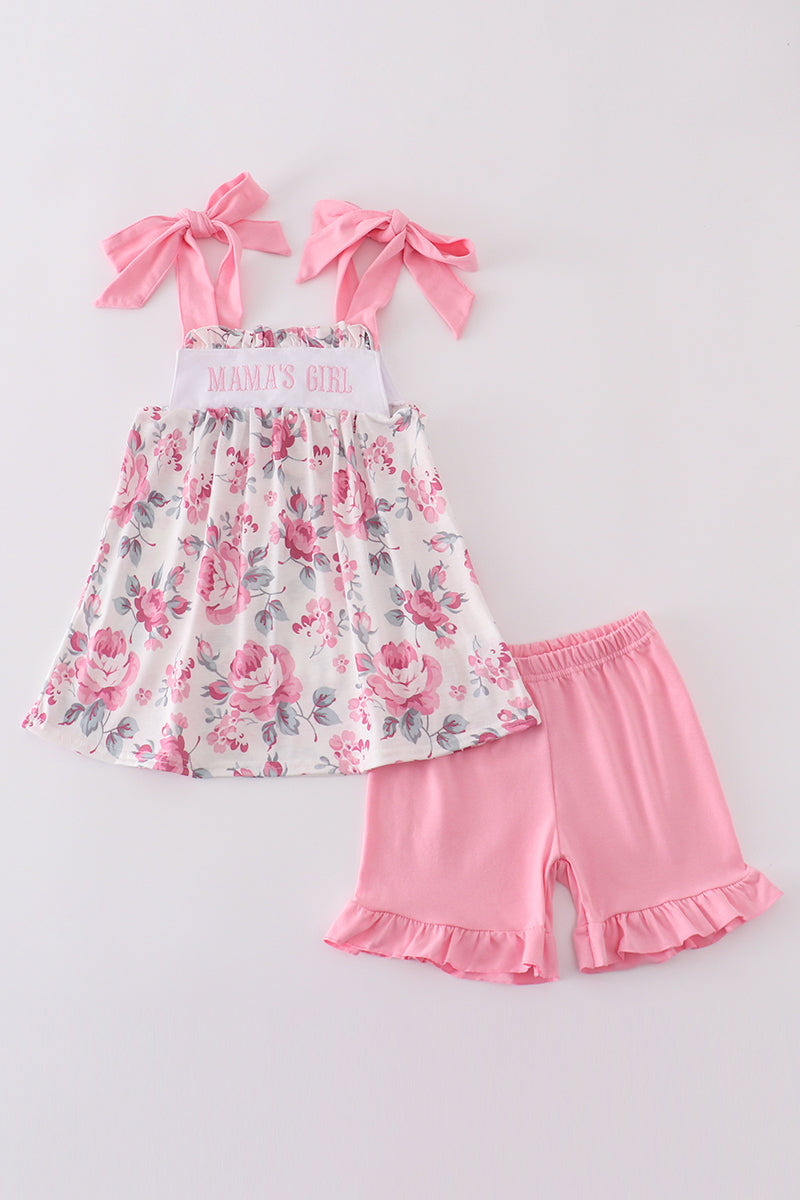 Pink floral MAMA'S embroidery set: cozy sweatshirt and pants for toddlers.