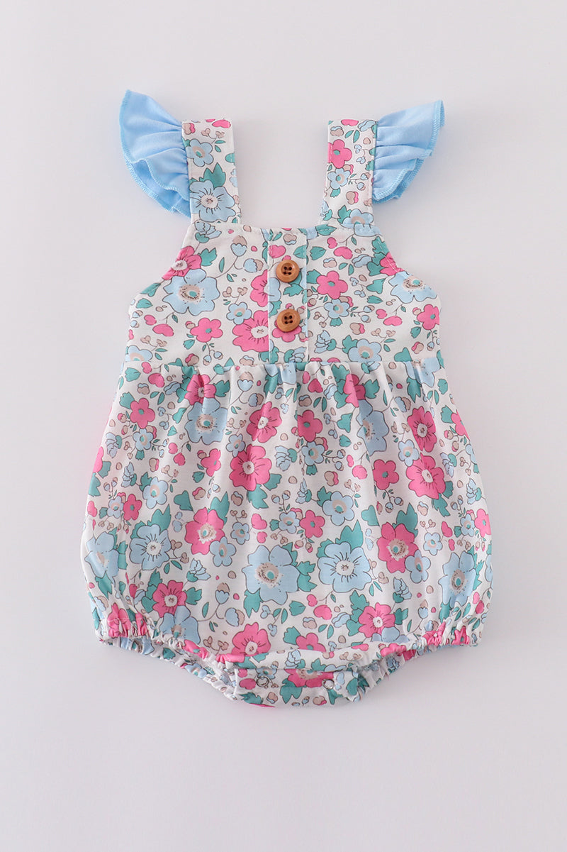 Blue floral print bubble romper with ruffled sleeves, perfect for spring outings.