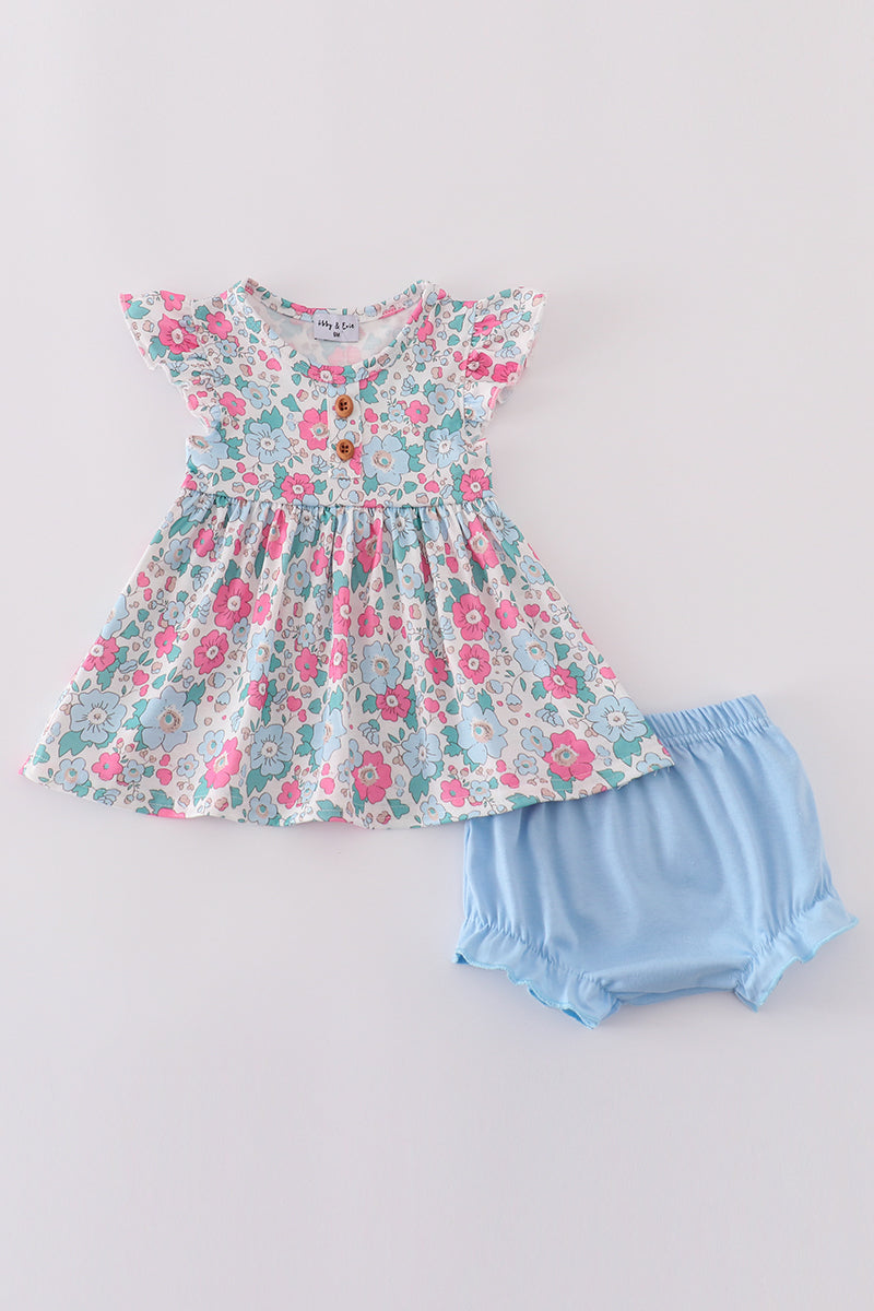 Blue floral print bloomer set with ruffled sleeves, perfect for spring outings.