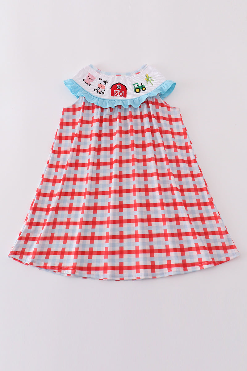 Blue farm embroidery smocked dress with playful animal designs, perfect for playtime.