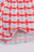 Children's blue smocked shorts set with charming farm animal embroidery.