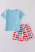 Children's blue smocked shorts set with charming farm animal embroidery.