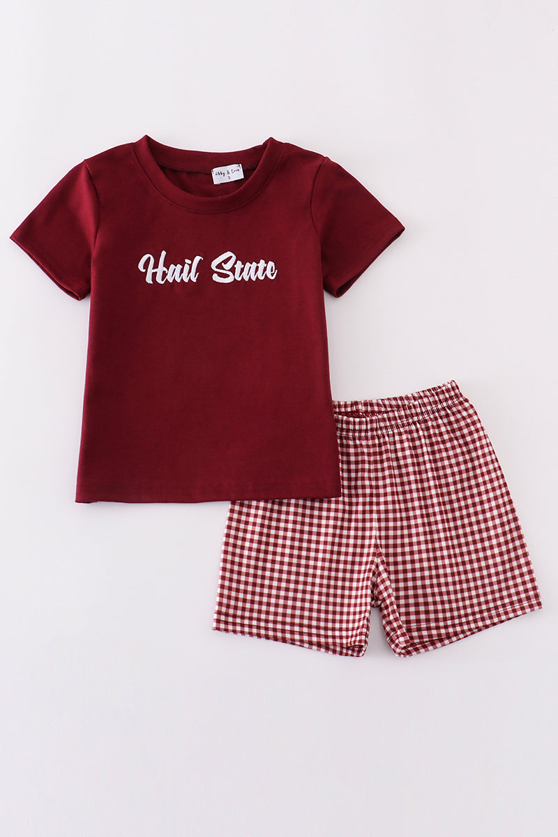 Maroon children's outfit with "Hail State" embroidery, perfect for game day fun.
