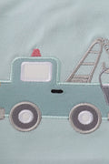 Blue crane truck applique bubble romper with playful truck design on the front.