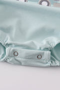 Blue crane truck applique bubble romper with playful truck design on the front.