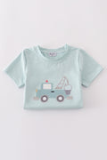 Blue crane truck applique bubble romper with playful truck design on the front.