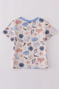 Blue ocean breeze shells print top, perfect for dad and me matching moments.