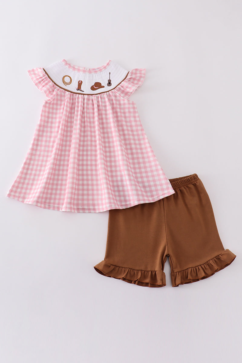 Pink western embroidery smocked set with ruffled sleeves and cowboy boot design.
