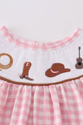 Pink western embroidery smocked set with ruffled sleeves and cowboy boot design.