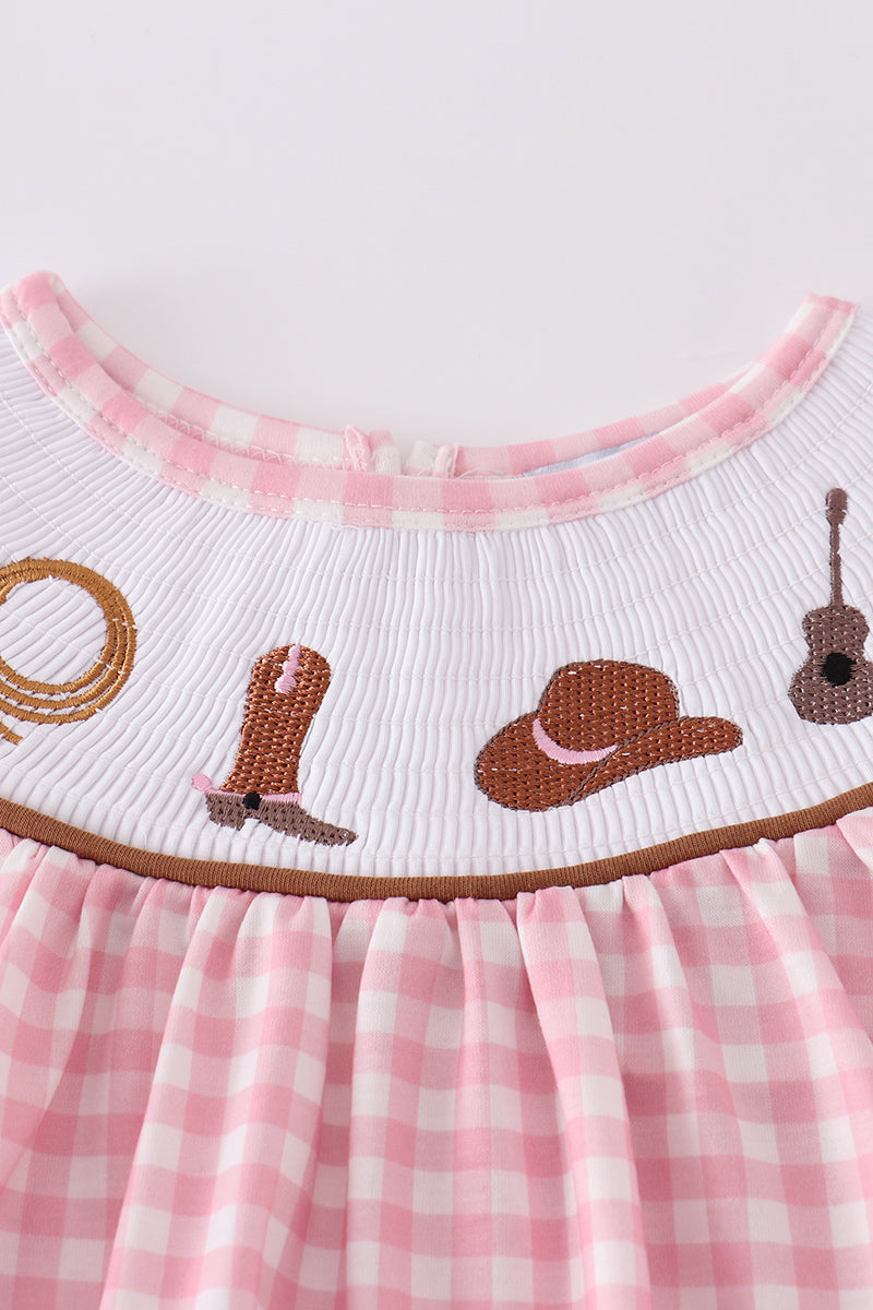 Pink western embroidery smocked set with ruffled sleeves and cowboy boot design.