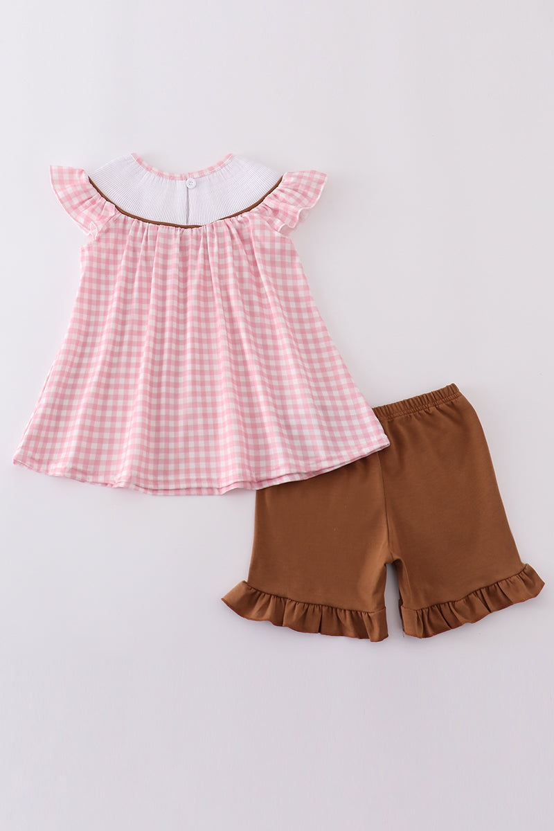 Pink western embroidery smocked set with ruffled sleeves and cowboy boot design.