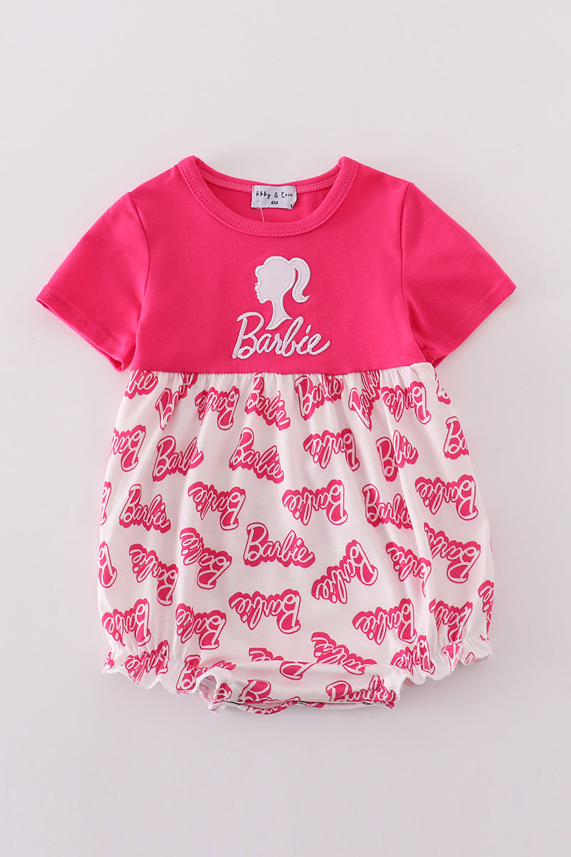 Hot pink bubble romper with Barbie embroidery, perfect for playful adventures.