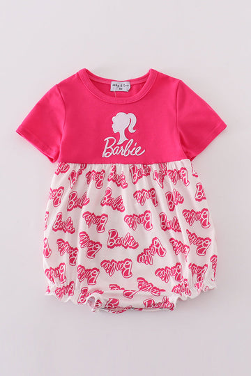 Hot pink bubble romper with Barbie embroidery, perfect for playful adventures.