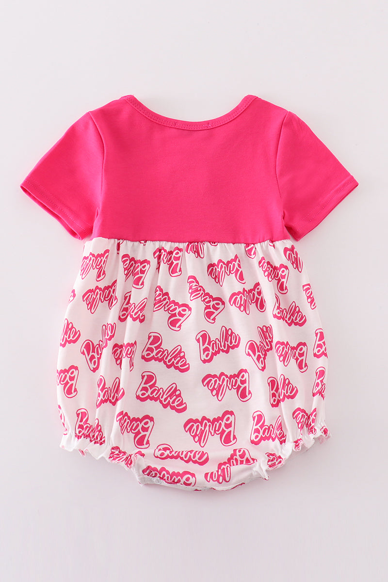 Hot pink bubble romper with Barbie embroidery, perfect for playful adventures.