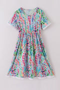 A vibrant Rainbow Garden print mom-and-me dress with playful floral patterns.