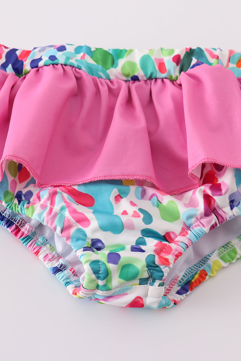 Bright and colorful 2-piece swimsuit with rainbow garden print, perfect for summer fun.