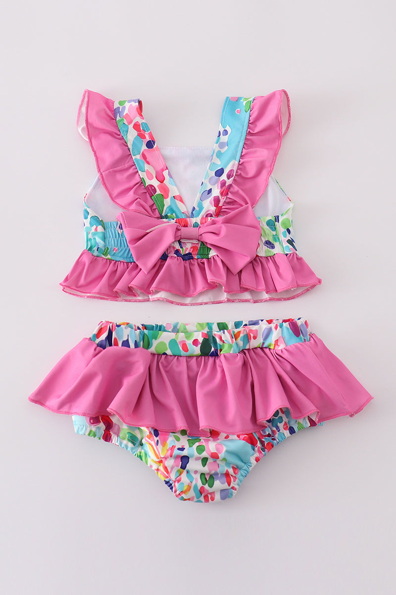Bright and colorful 2-piece swimsuit with rainbow garden print, perfect for summer fun.