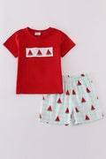 A charming red smocked set with playful watermelon embroidery, perfect for summer fun.