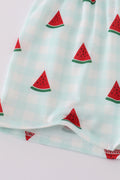 A charming red smocked set with playful watermelon embroidery, perfect for summer fun.