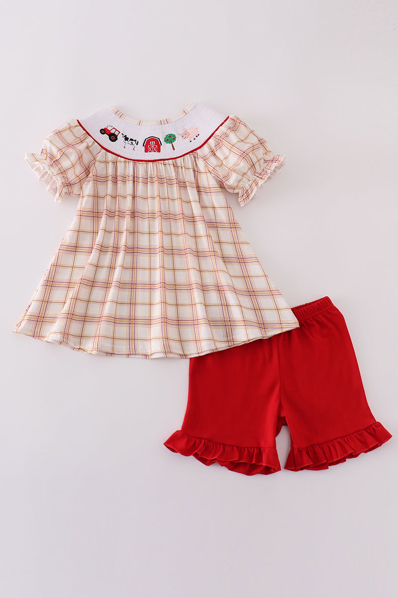 Khaki plaid set with farm-themed embroidery, perfect for playful adventures.