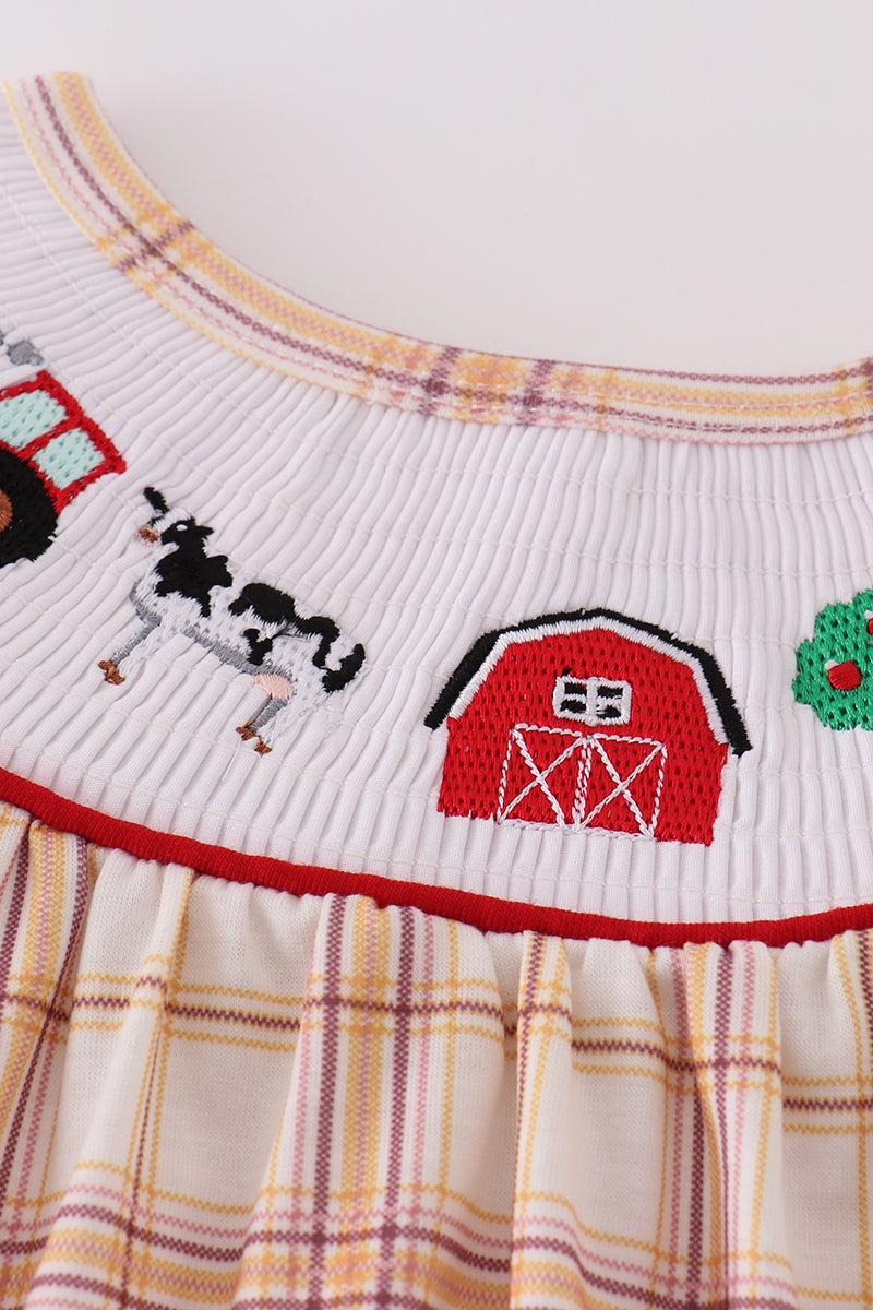 Khaki plaid dress with farm animal embroidery, perfect for playful adventures.
