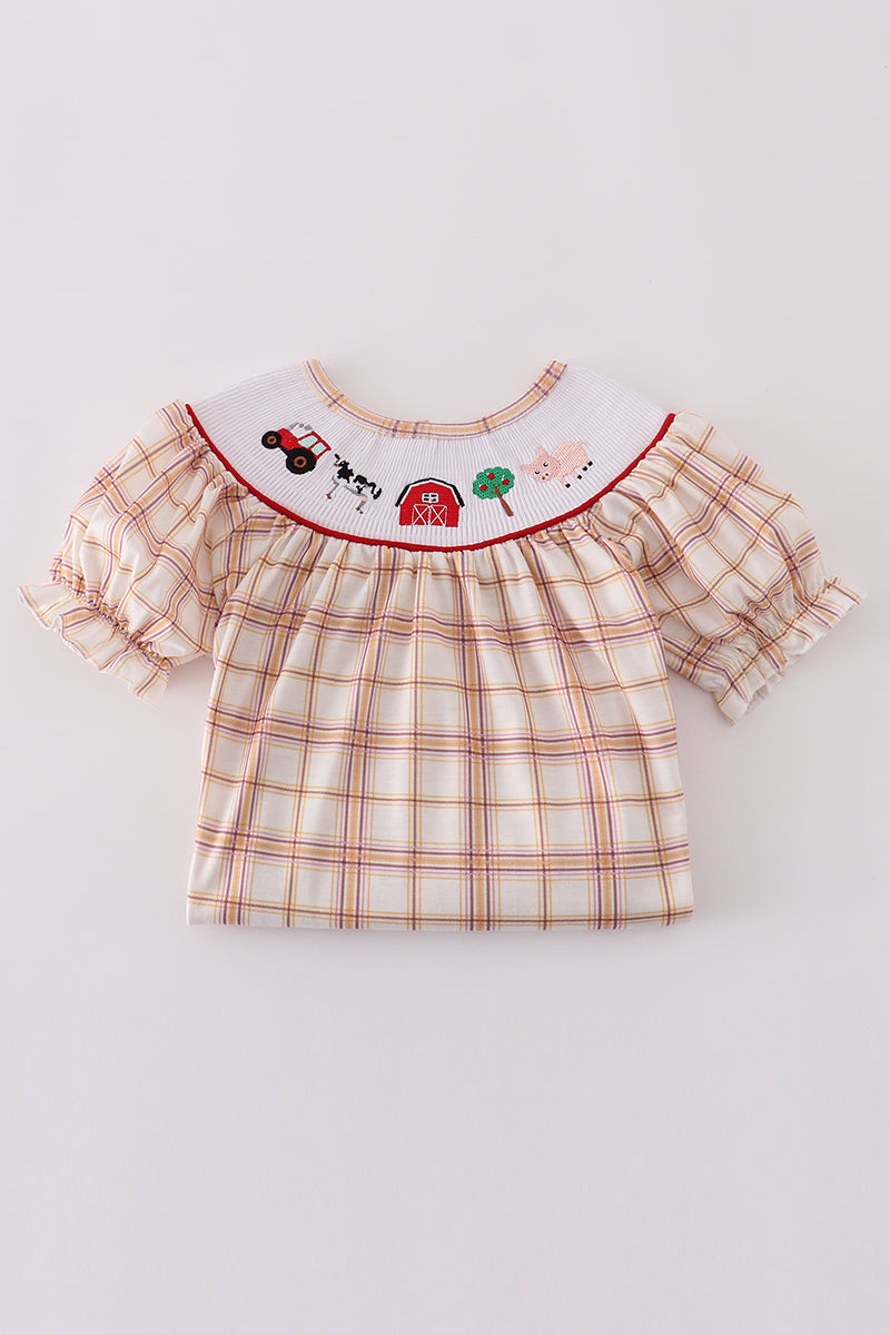 Khaki plaid dress with farm animal embroidery, perfect for playful adventures.