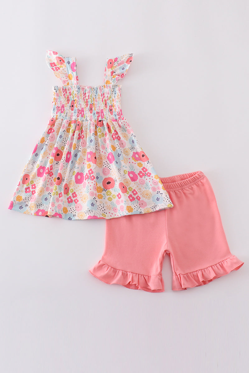 Pink floral print smocked set with ruffled sleeves, perfect for spring outings.