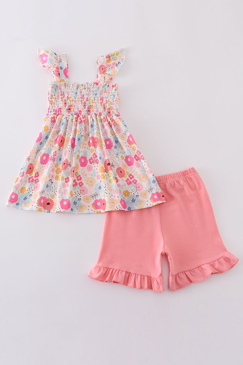 Pink floral print smocked set with ruffled sleeves, perfect for spring outings.
