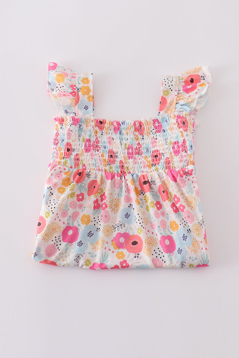 Pink floral print smocked set with ruffled sleeves, perfect for spring outings.