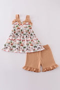 Khaki farm print bow girl set with playful animal patterns and matching headband.