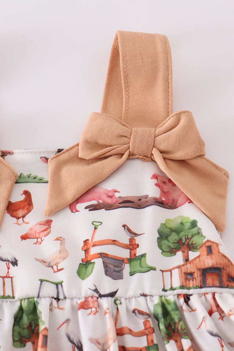 Khaki farm print bow girl set with playful animal patterns and matching headband.
