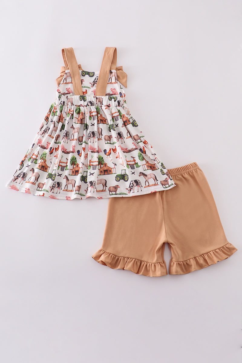 Khaki farm print bow girl set with playful animal patterns and matching headband.