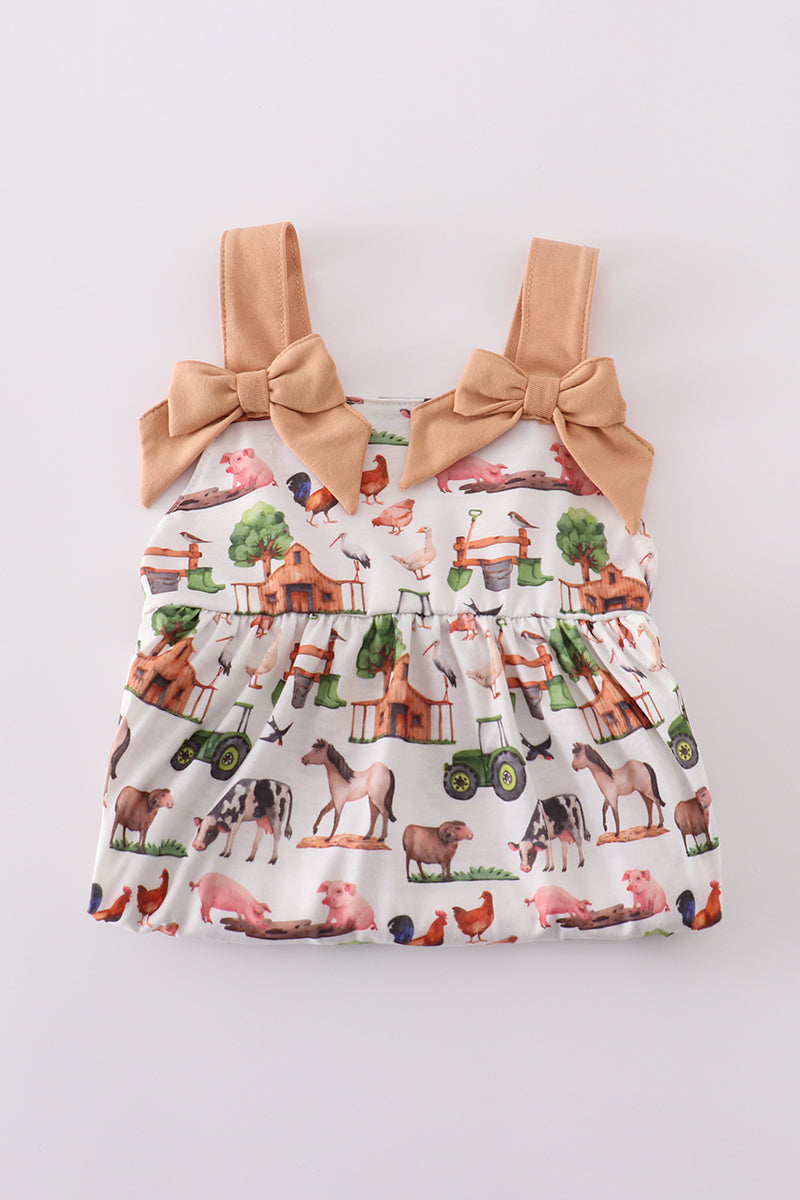 Khaki farm print bow girl set with playful animal patterns and matching headband.