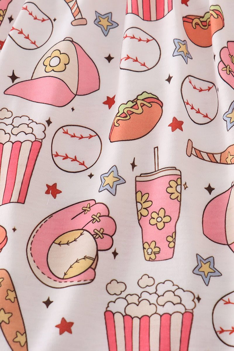 Pink baseball print girl set with playful patterns, perfect for sporty fun.
