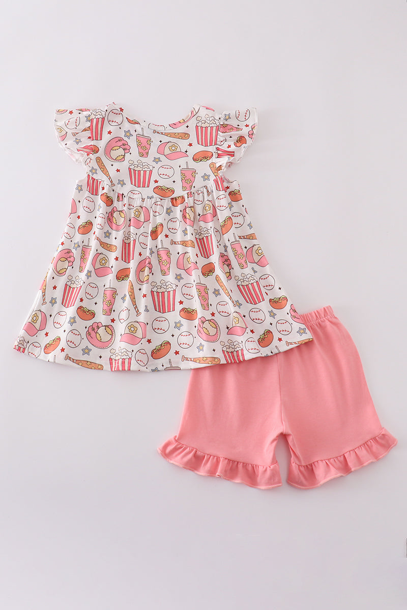 Pink baseball print girl set with playful patterns, perfect for sporty fun.