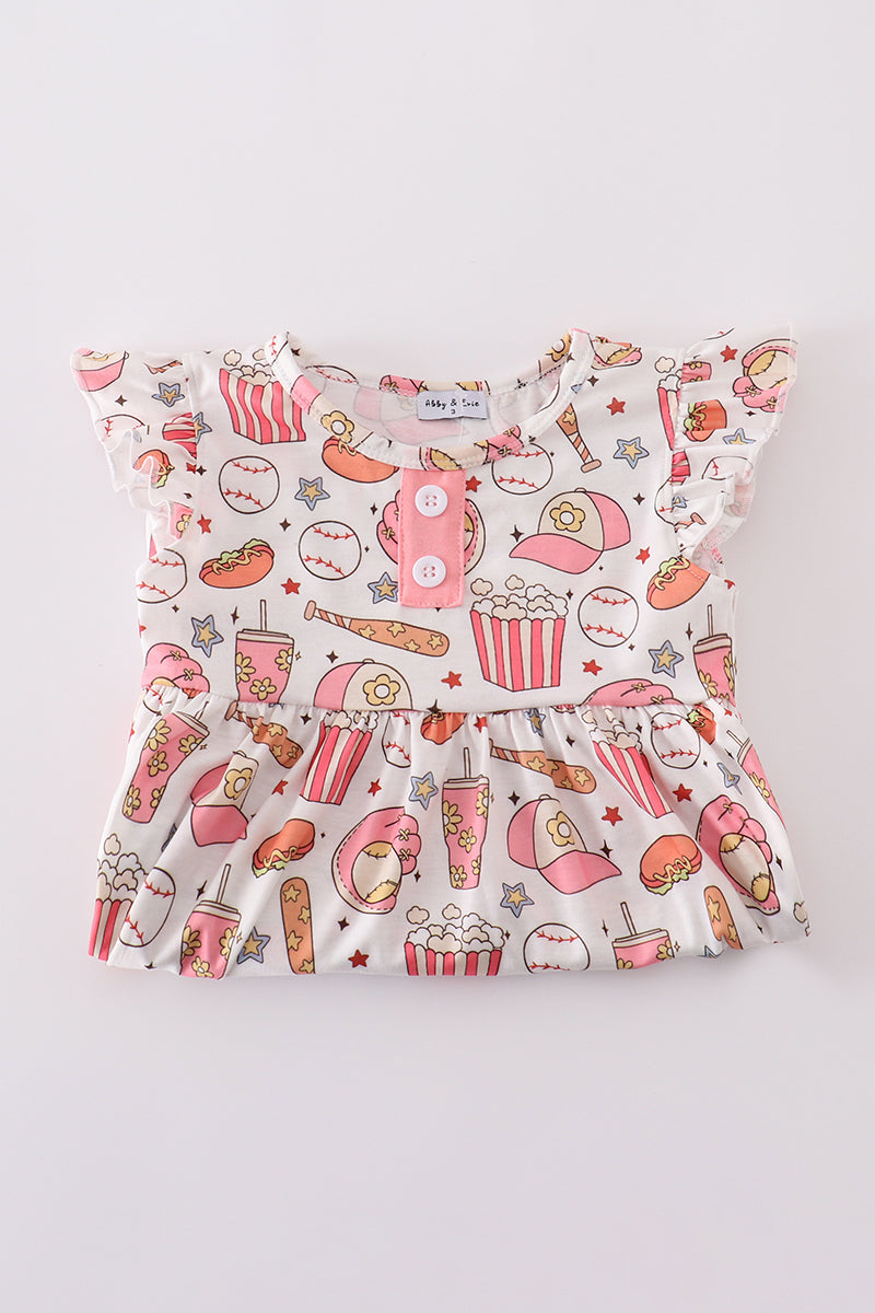 Pink baseball print girl set with playful patterns, perfect for sporty fun.