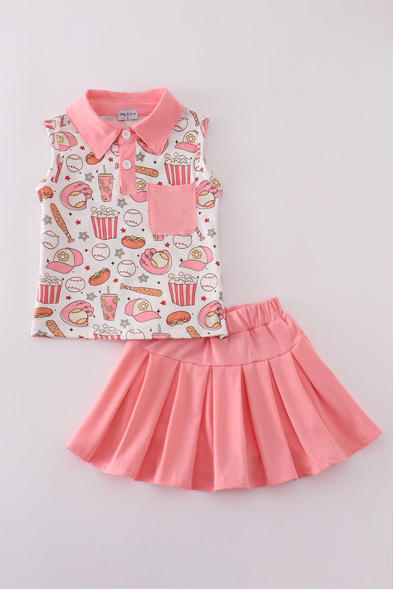 Pink skort set with baseball print, perfect for playful summer days.